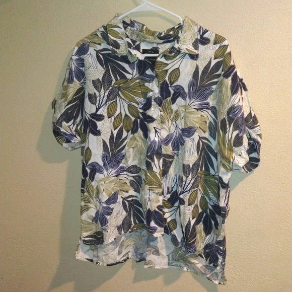 Tahari Womens XL 100% Linen Shirt Short Sleeve Button Up Palm Leaf Print Top - Picture 1 of 6